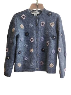 Appleseed's Heathered Blue Shetland Wool Cardigan Floral Embroidered
